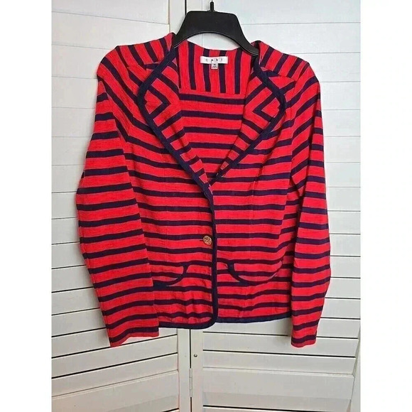 Cabi Size M Ladies Buttonup Red & Navy Striped Nautical Theme Lightweight Jacket - Picture 1 of 6